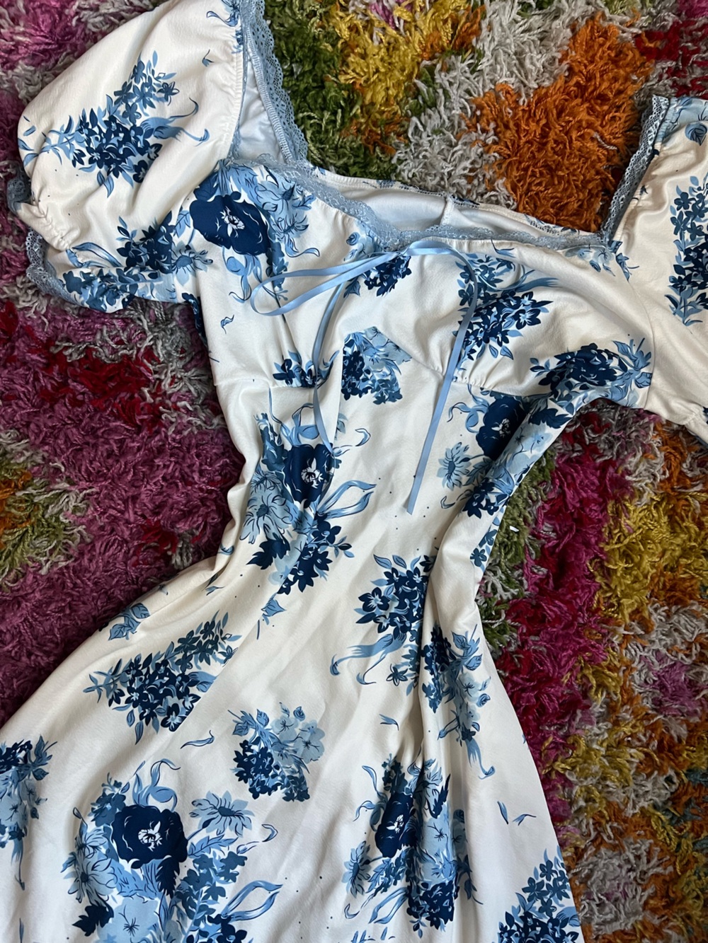 Cider White Midi Dress with Blue Floral Print